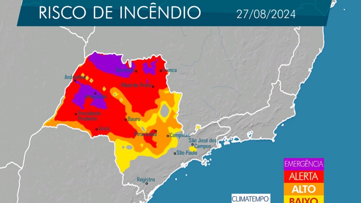 Mapa do Estado de SP com a classificação de risco para queimadas